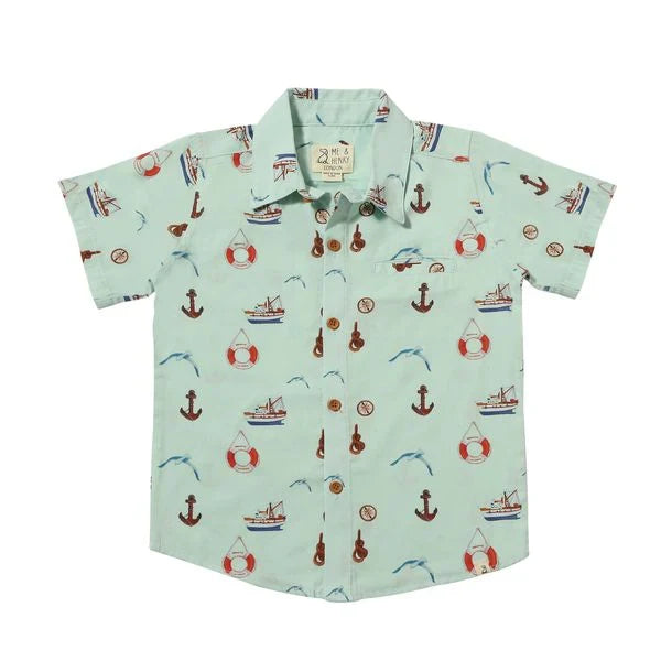 Maui Blue Nautical Print Button Down Shirt