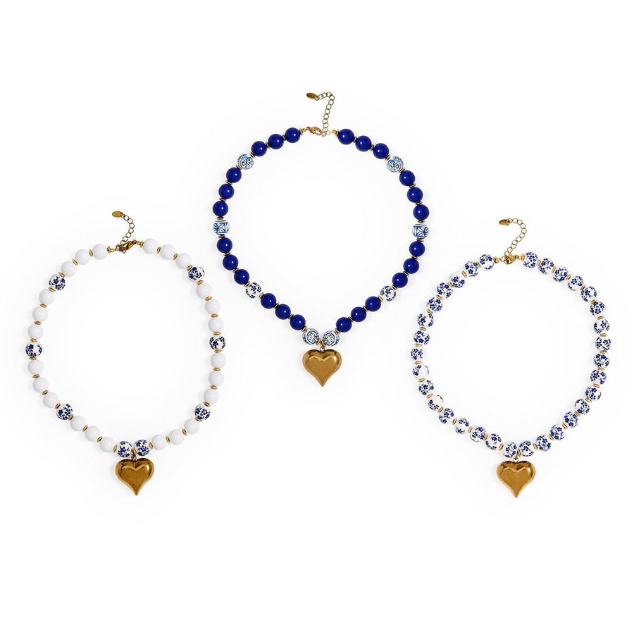 Imperial Heart Bead Necklace with Blue and White Ceramic Beads