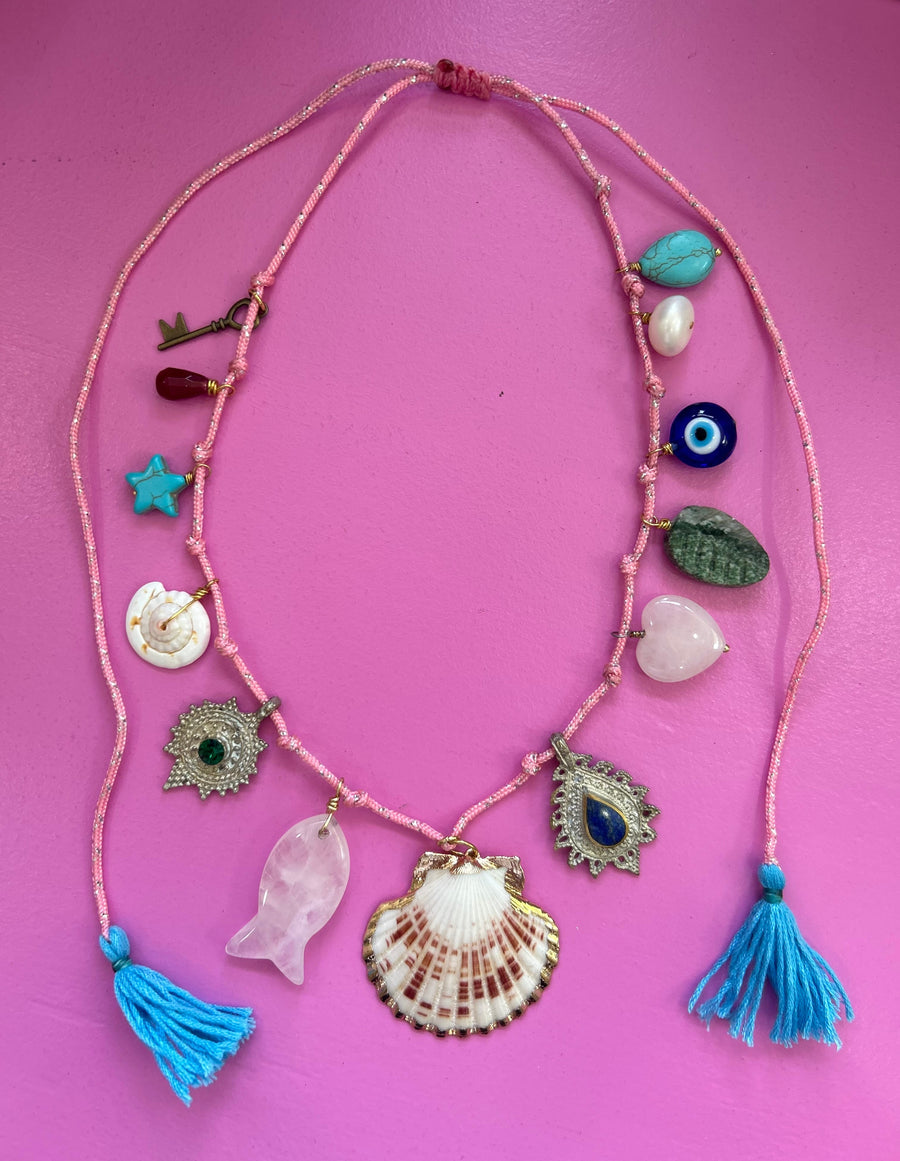 Charm Necklace Light Pink Cord and Tassel