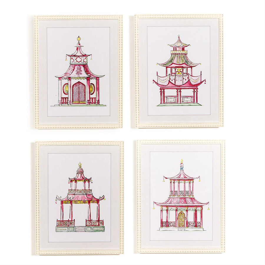 Pink Pagoda Set of 4 White Beaded Framed Wall Art Prints