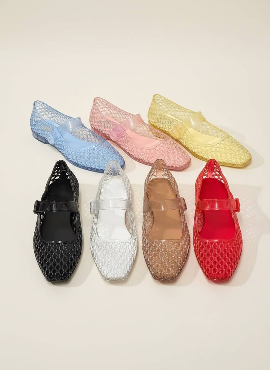 LISA Woven Jelly Mary Jane Flats Tapered Square Toe Trend Sh