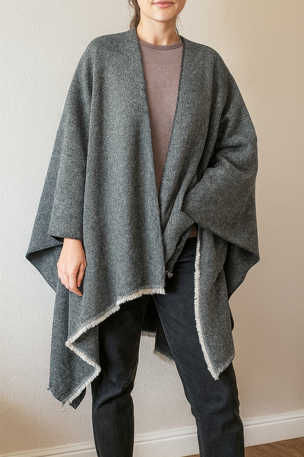 Slate Fringe Poncho Warm Open Front Shawl Cape