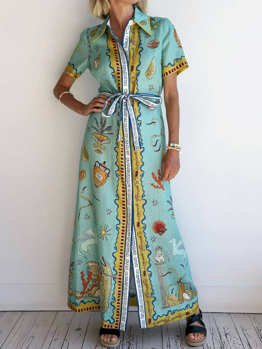 Vacay Surrealist Ocean Prints Belted Shirt Dress