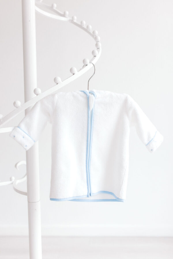 Baby Bathrobe – White with Blue Dots