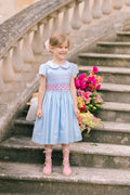 Cassis Blue Short Sleeve Smocked Dress