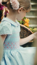 Cassis Blue Short Sleeve Smocked Dress
