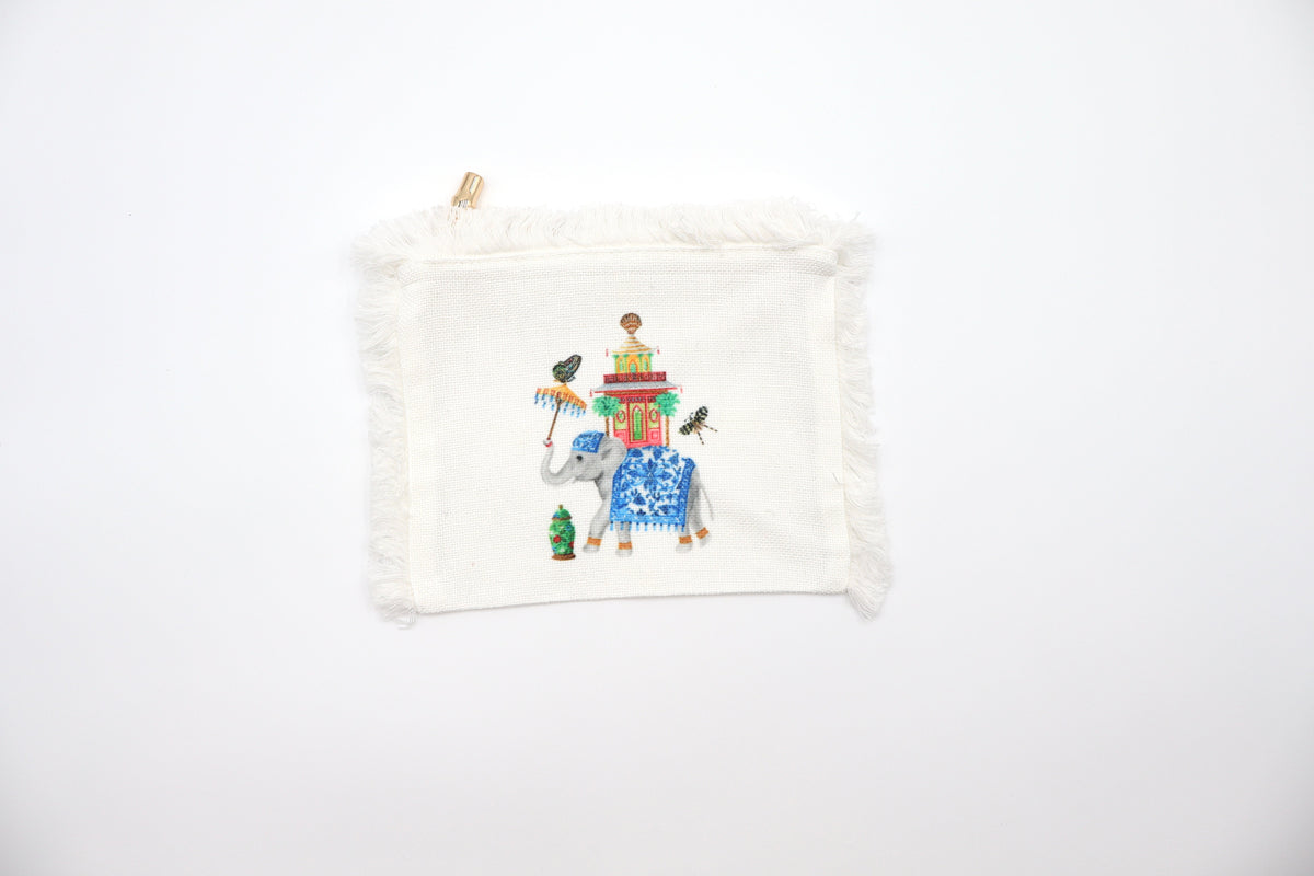Flat Zip Fringe Pouch with Elephant print - Small