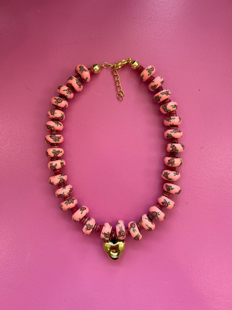 Pink Beaded Heart Necklace