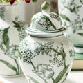 Primorose and Lotus 8" Hand-Painted Green and White Chinoiserie Jar with Lid