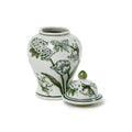 Primorose and Lotus 8" Hand-Painted Green and White Chinoiserie Jar with Lid
