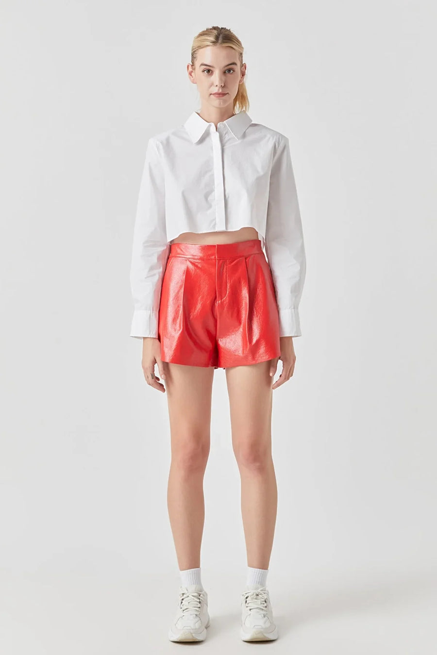 RED HIGH-WAISTED FAUX LEATHER SHORTS