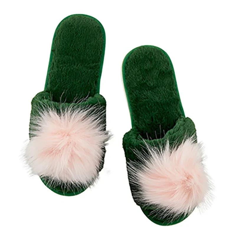 Green + Blush Pom Pom Slipper