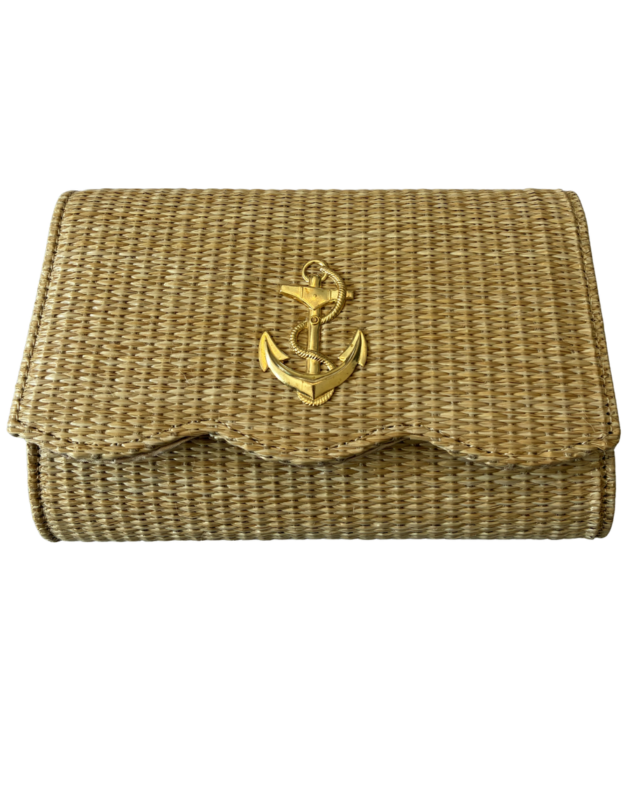 Scalloped Ruby Straw Clutch- Gold Anchor Charm