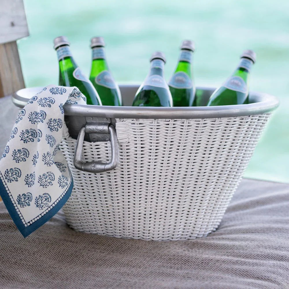 White Wicker and Aluminum Ice Bucket with Handles