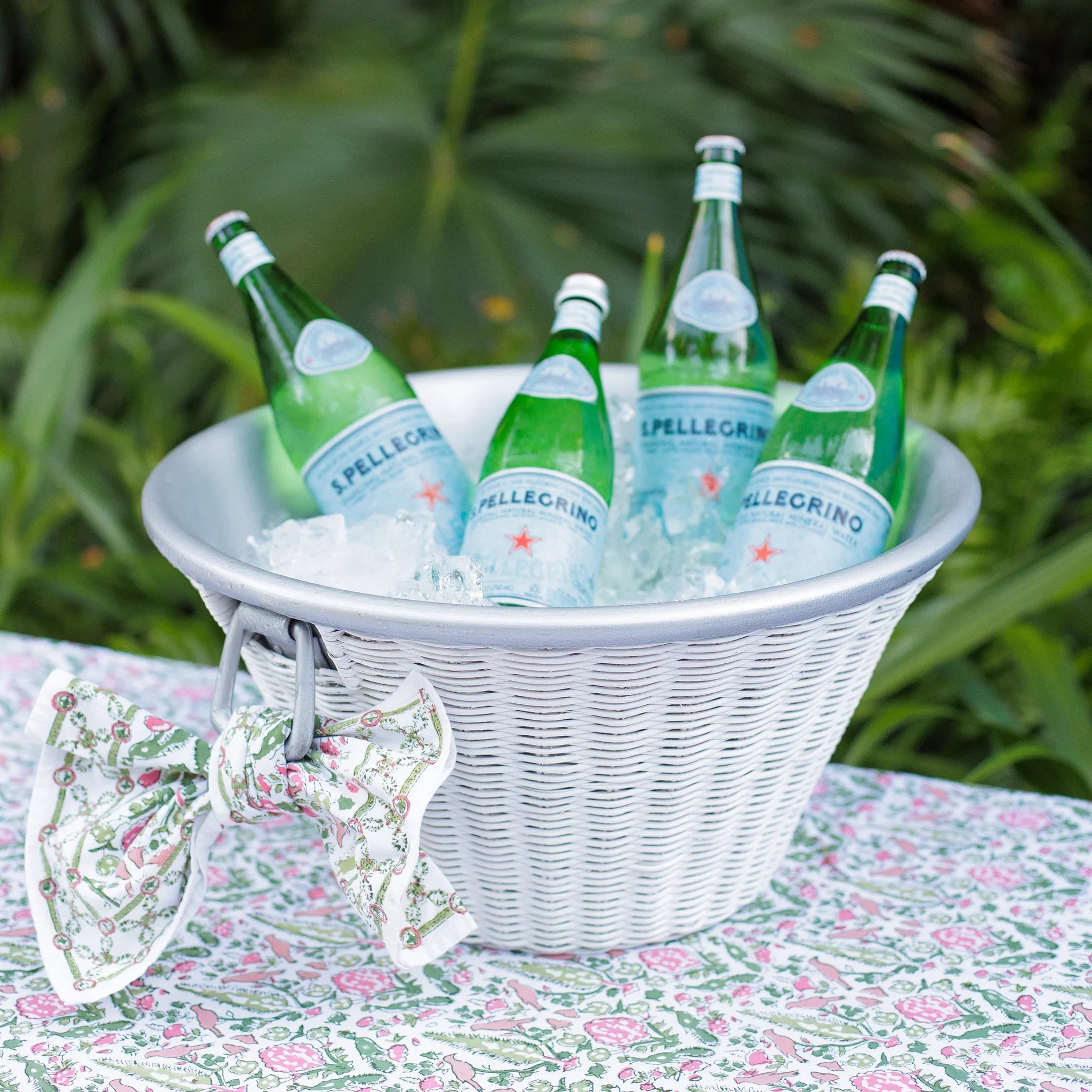 White Wicker and Aluminum Ice Bucket with Handles
