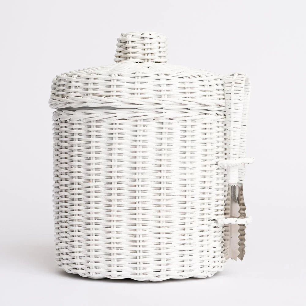 White Wicker Lidded Ice Bucket with Tong