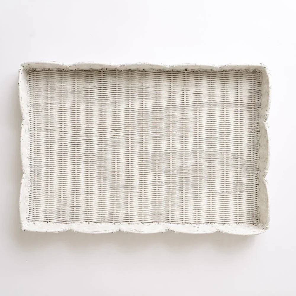 White Wicker Scalloped Rectangle Tray