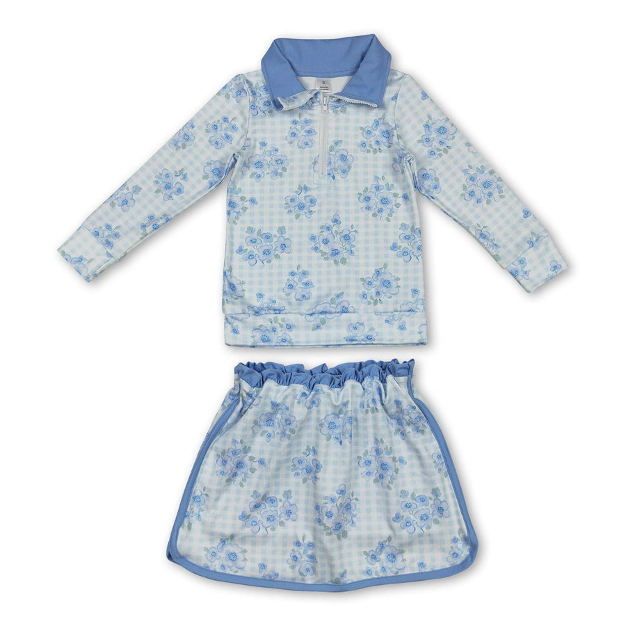 Long sleeves light blue floral pullover skirt girls clothes