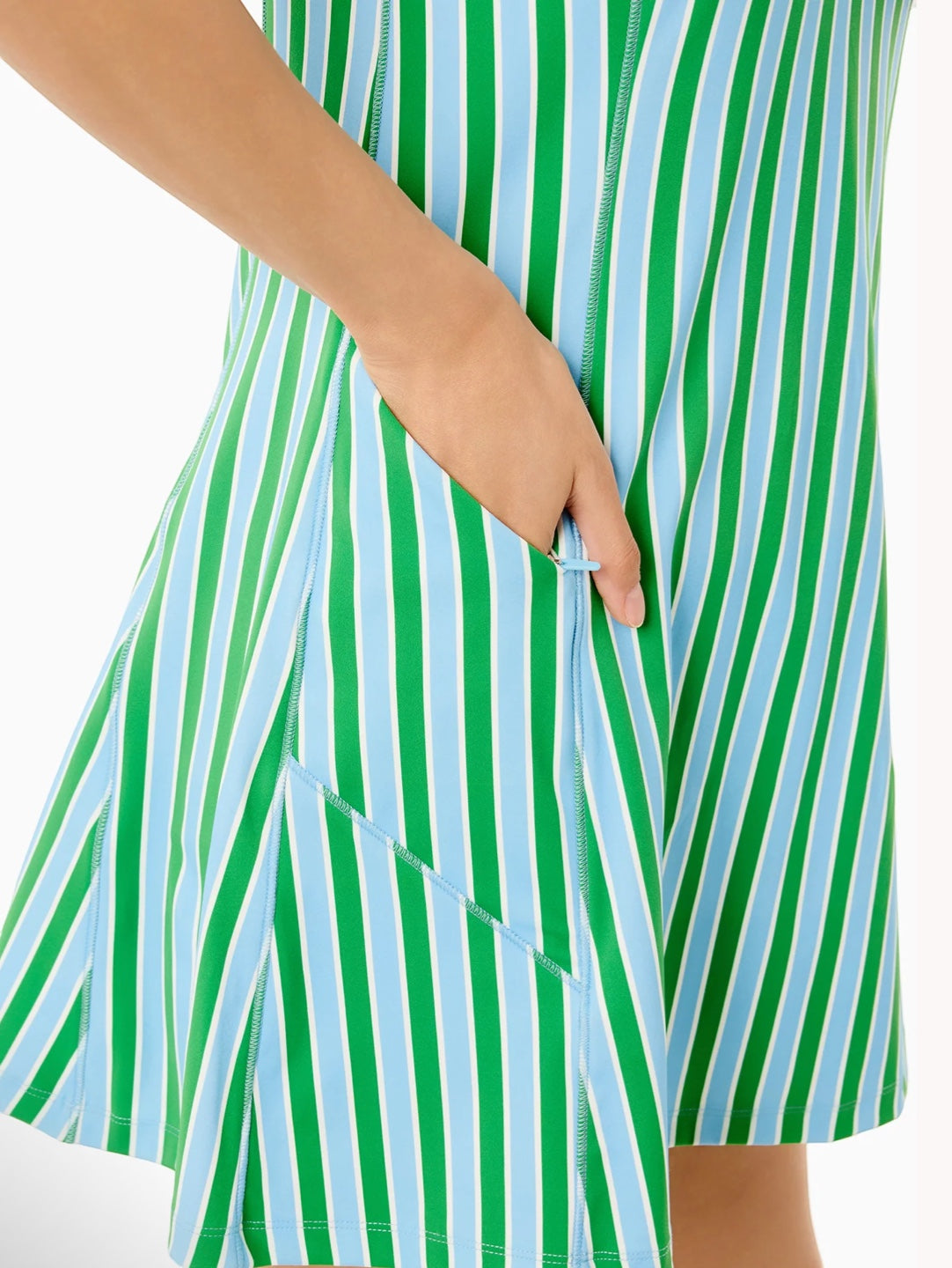 Bobbie's Shoppe blue and green striped active dress with A-line shape and side seaming details.