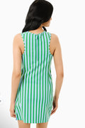 Bobbie's Shoppe vintage blue and green striped active dress with zipper back. Sleeveless, A-line shape, made of nylon and spandex.