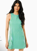 Bobbie's Shoppe vintage blue and green striped sleeveless A-line active dress with high neck, made of nylon and spandex.