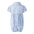 Bobbie's Shoppe blue cotton babysuit with allover white daisy print, collar, and button front.
