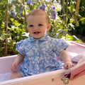 Bobbie's Shoppe blue cotton babysuit with allover daisy print, classic collar, and button front. Baby sitting in a pink bassinet outdoors.