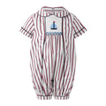 Bobbie's Shoppe red, white, and blue striped cotton babysuit with hand-smocked sailboat detail and Peter Pan collar. Classic children and baby clothes.