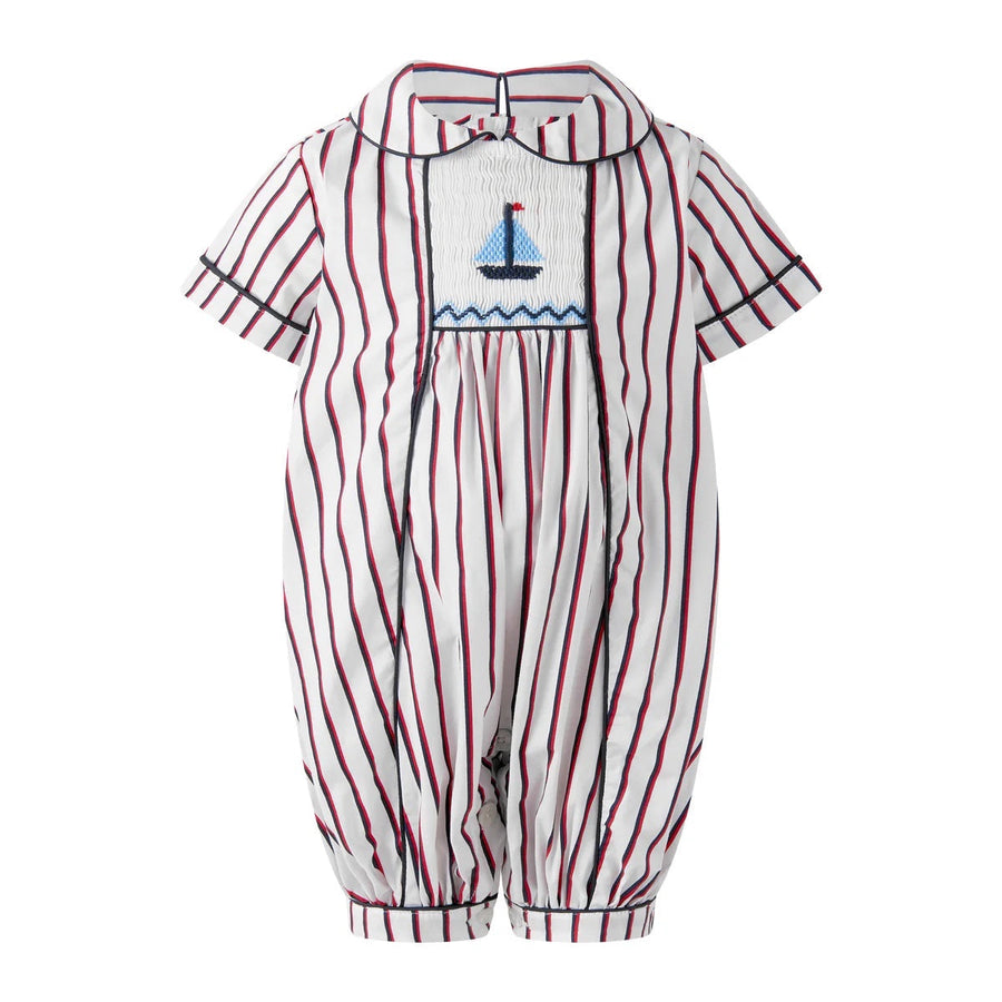 Bobbie's Shoppe red, white, and blue striped cotton babysuit with hand-smocked sailboat detail and Peter Pan collar. Classic children and baby clothes.
