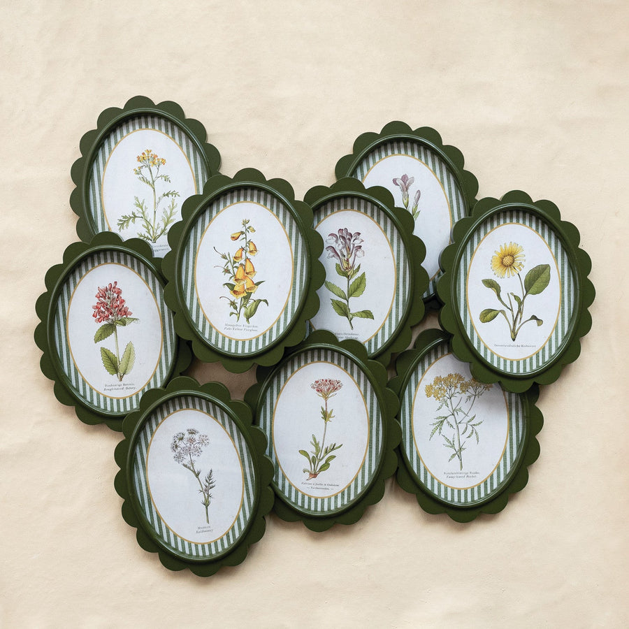 Oval MDF Framed Glass Scalloped Wall Decor with Flower & Striped Mat