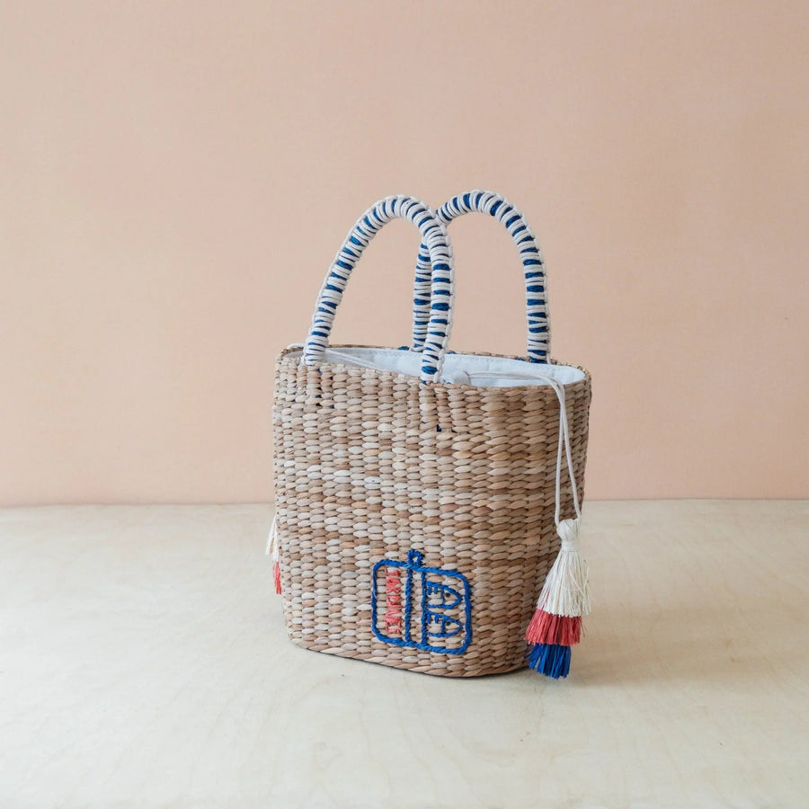 Mini Straw Tote Embroidered Sardine